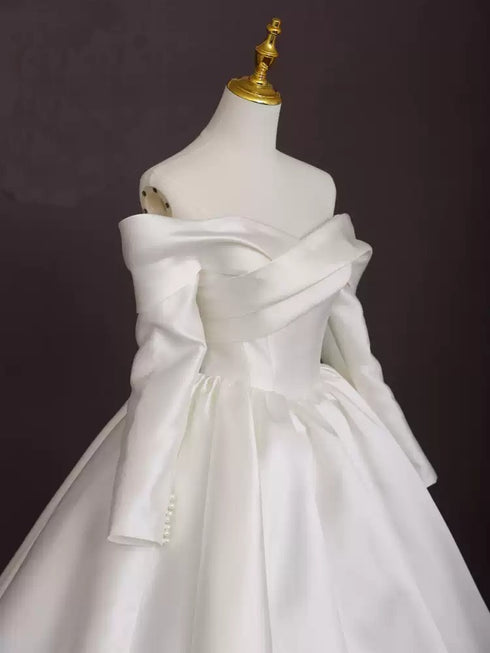 Off the Shoulder Long Sleeve Wedding Dress – Simple White Wedding Dress - Satin Wedding Dresses Long Sleeve with Corset Back Plus Size